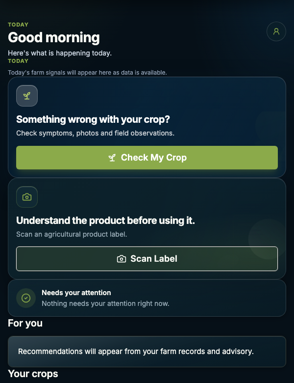 Farmer Home preview: crop check, label scan, attention and farm records in an empty account.