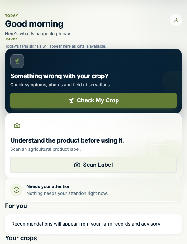 Farmer Home preview: crop check, label scan, attention and farm records in an empty account.
